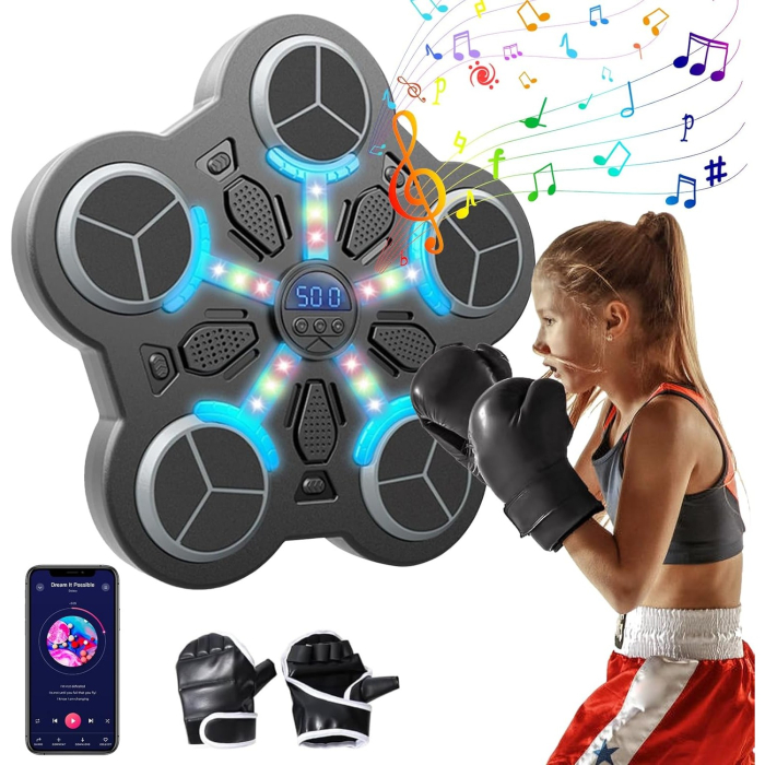 Jucarie de Boxat cu Muzica si Lumini, Flippy, Manusi Incluse, Bluetooth, Incarcare USB, Aplicare cu Ventuze, 5 Tinte, 33x33x4.5 cm, 930 g, Negru [5]