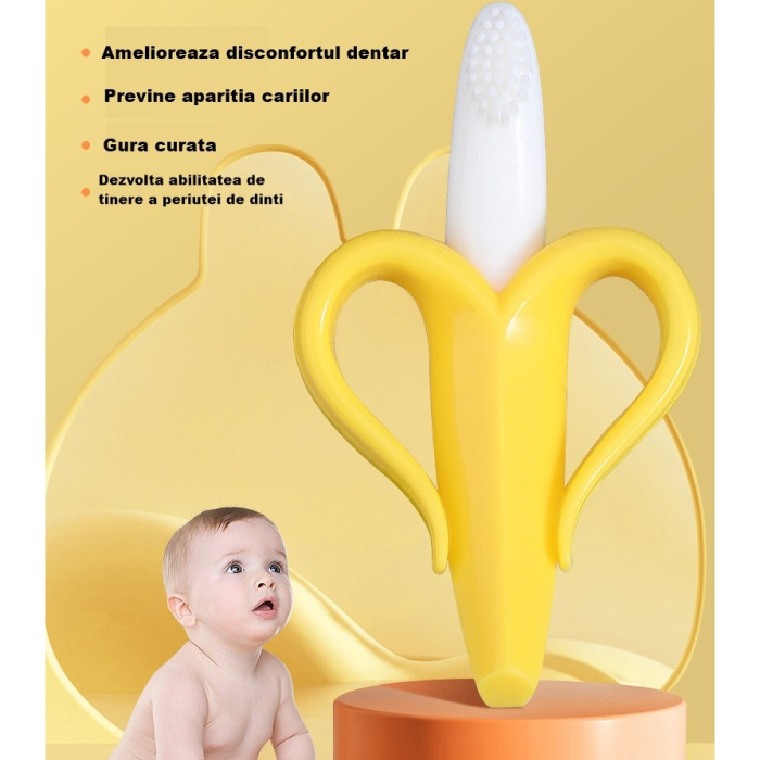 Jucarie dentitie bebelusi Flippy, banana, cu manere de prindere, material silicon non-toxic, fara miros, 10.5x5.9 cm, galben [3]