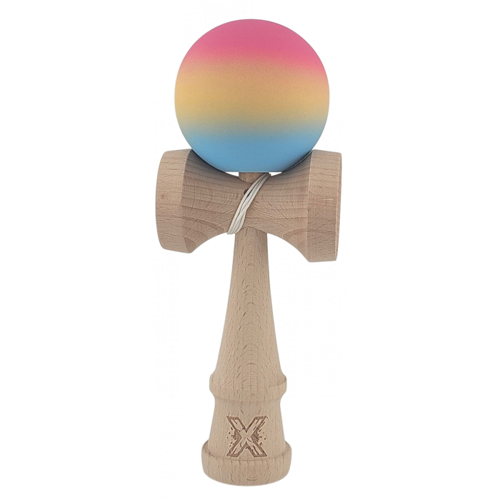 Kendama X Originala, Profesionala, Flippy, din Lemn, Rubber Grip, 18 cm, Roz/Galben/Albastru [2]