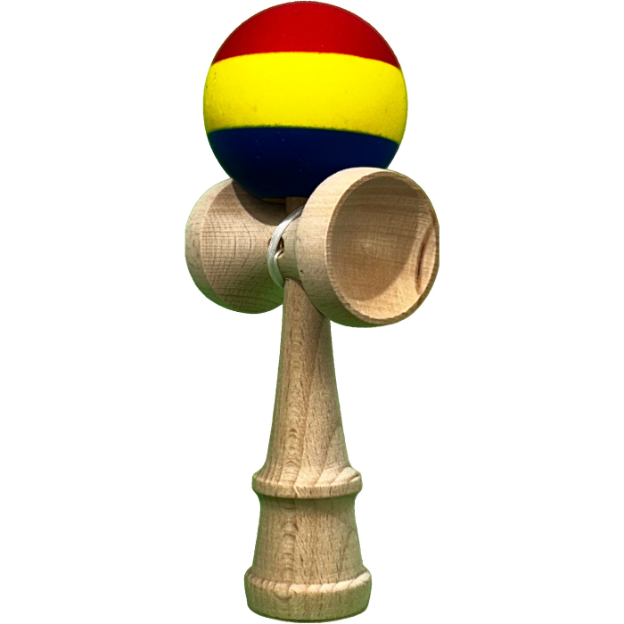 Jucarie Interactiva Kendama Profesionala, Flippy, din Lemn, 18 cm, Joc de Indemanare pentru Copii si Adulti, Multicolor Rosu Galben Albastru inchis [3]