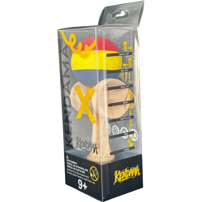 Jucarie Interactiva Kendama Profesionala, Flippy, din Lemn, 18 cm, Joc de Indemanare pentru Copii si Adulti, Multicolor Rosu Galben Albastru inchis [2]