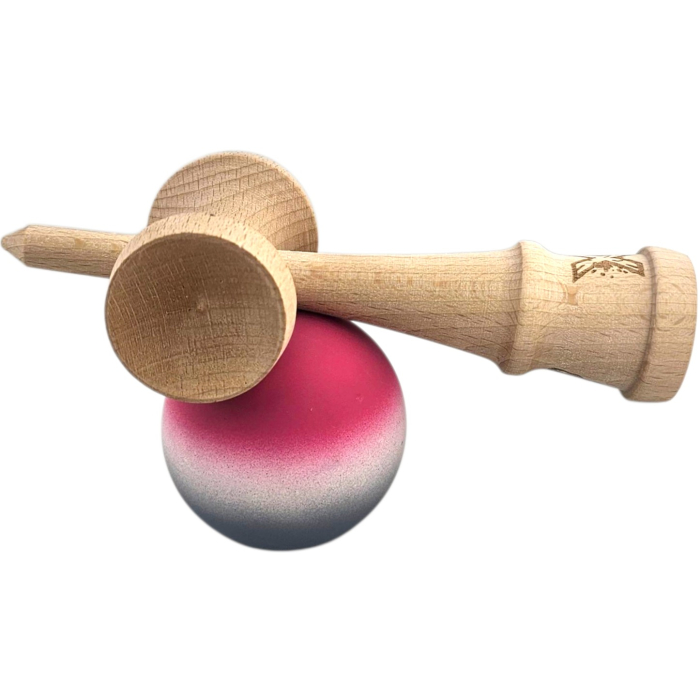 Jucarie Interactiva Kendama X Profesionala, Flippy, din Lemn, Rubber Grip, 18 cm, Roz/Alb/Gri [3]