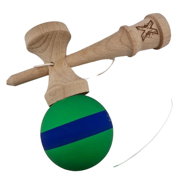 Kendama X Originala, Profesionala, Flippy, 18 cm, din Lemn, Rubber Grip, Verde/Albastru [2]
