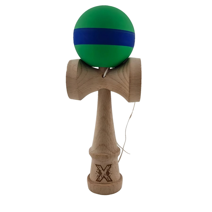 Kendama X Originala, Profesionala, Flippy, 18 cm, din Lemn, Rubber Grip, Verde/Albastru [1]