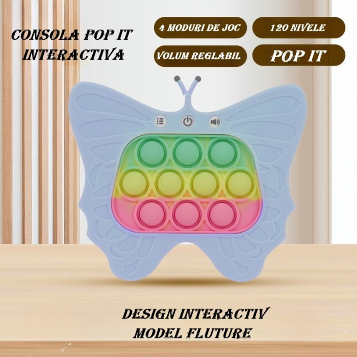 Jucarie Interactiva Tip Consola pentru Copii, Flippy, Diferite Moduri de Joc, 120 Nivele, Material ABS/silicon, Sunete si Lumini, 12 x 5.5 x 13.5 cm cm, Model Fluture, Albastru Deschis [3]