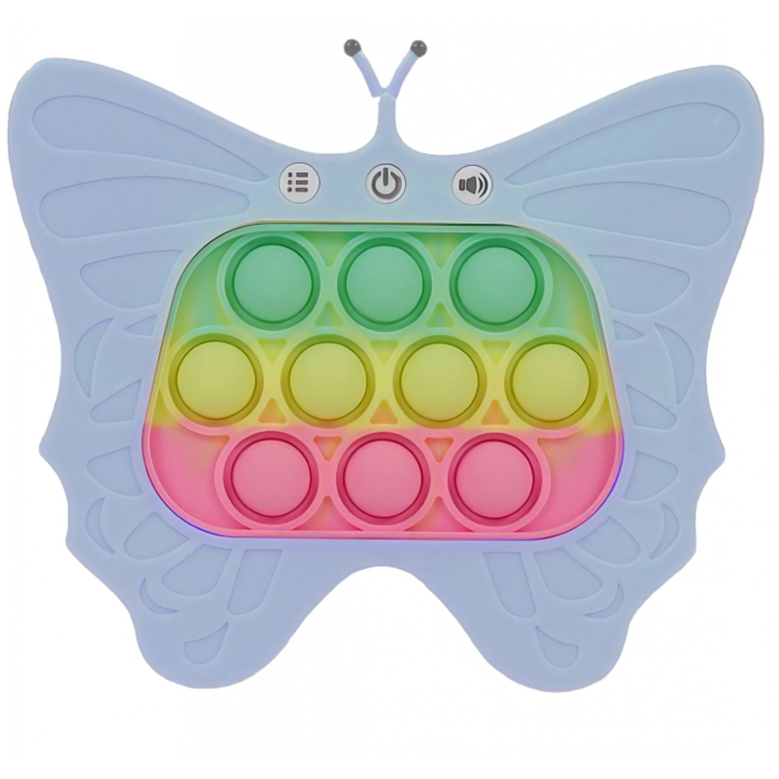 Jucarie Interactiva Tip Consola pentru Copii, Flippy, Diferite Moduri de Joc, 120 Nivele, Material ABS/silicon, Sunete si Lumini, 12 x 5.5 x 13.5 cm cm, Model Fluture, Albastru Deschis [1]