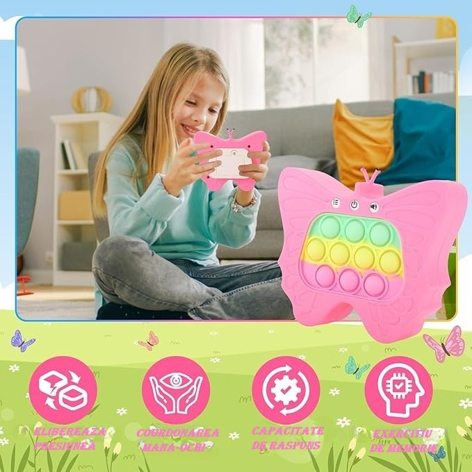 Jucarie Interactiva Tip Consola pentru Copii, Flippy, Diferite Moduri de Joc, 120 Nivele, Material ABS/silicon, Sunete si Lumini, 12 x 5.5 x 13.5 cm, Model Fluture, Fucsia [3]