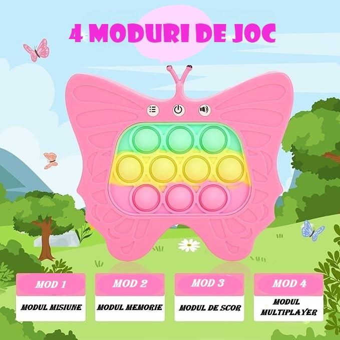 Jucarie Interactiva Tip Consola pentru Copii, Flippy, Diferite Moduri de Joc, 120 Nivele, Material ABS/silicon, Sunete si Lumini, 12 x 5.5 x 13.5 cm, Model Fluture, Fucsia [2]