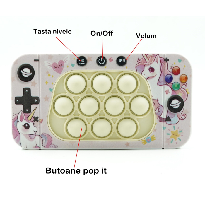 Jucarie interactiva tip consola pentru copii Flippy, speed push whack-a-mole, joc de viteza pop it, material ABS/silicon, cu nivele, sunete si lumini, 15.5 x 7.6 x 5.3 cm, model unicorn, roz [5]