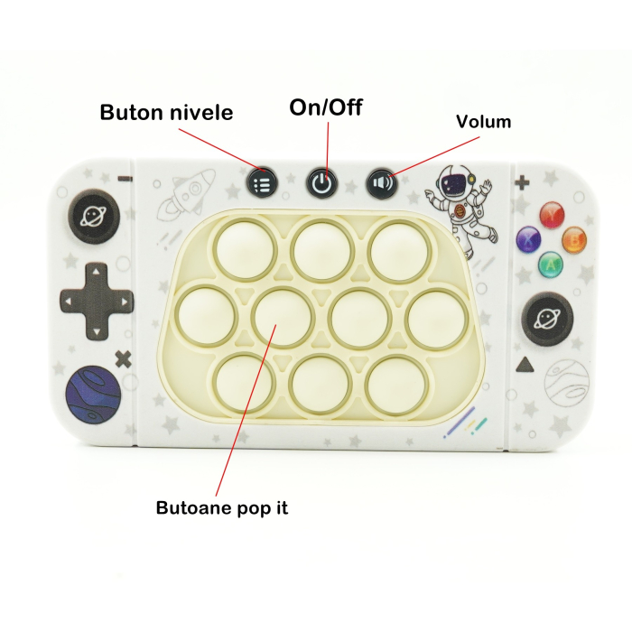 Jucarie interactiva tip consola pentru copii Flippy, speed push whack-a-mole, joc de viteza pop it, material ABS/silicon, cu nivele, sunete si lumini, 15.5 x 7.6 x 5.3 cm, model astronaut, alb [5]