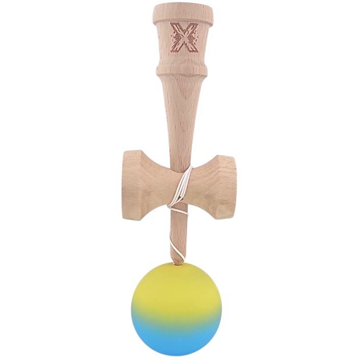 Kendama X Originala, Profesionala, Flippy, 18 cm, Profesionala, +9 Ani, din Lemn, Gradient Galben/Albastru [5]