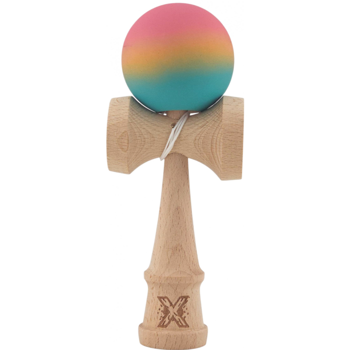 Kendama X Originala, Profesionala, Flippy, din Lemn, Rubber Grip, 18 cm, Roz/Galben/Albastru [1]