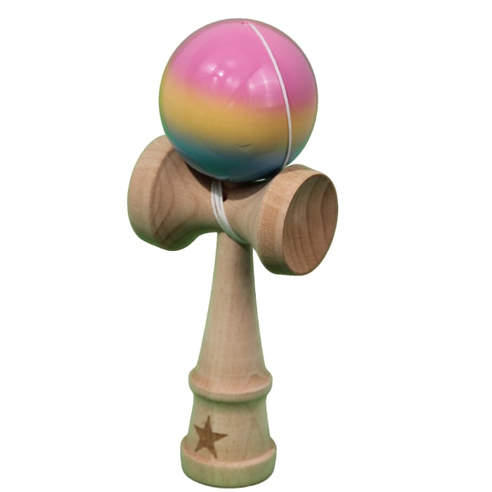 Jucarie Kendama X Originala, Profesionala, Flippy, Super Sticky din Lemn, 18 cm, Gradient Roz/Galben/Albastru [2]