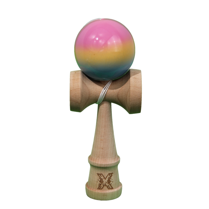 Jucarie Kendama X Originala, Profesionala, Flippy, Super Sticky din Lemn, 18 cm, Gradient Roz/Galben/Albastru [1]
