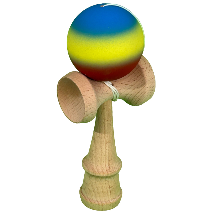 Kendama X Originala, Profesionala, Flippy, din Lemn, Rubber Grip, 18 cm, Gradient Albastru/Galben/Rosu [1]