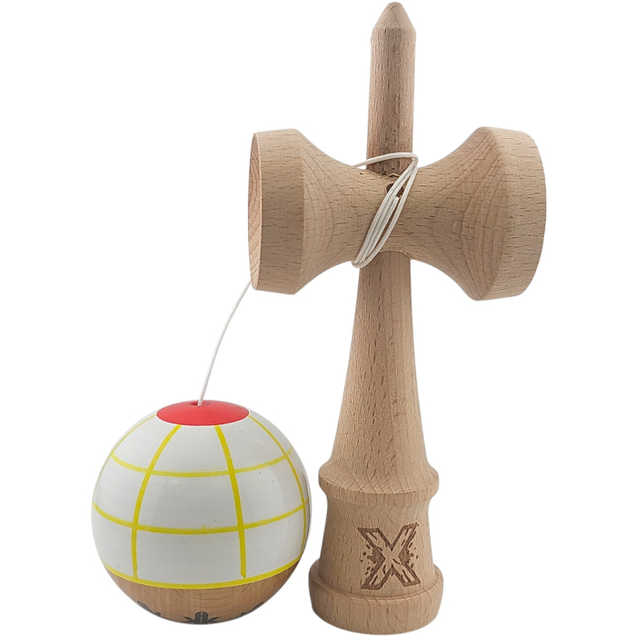 Kendama X Originala, Profesionala, Flippy, din Lemn, Super Sticky, 18 cm, Alb/Galben/Rosu [2]