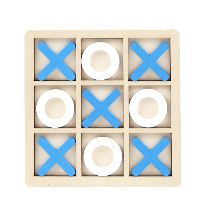 Jucarie Montessori Tic Tac Toe, Flippy, Educativa, Interactiva, din lemn, X si O, 9 Piese, 14.3x14.3 cm, Albastru Alb [1]