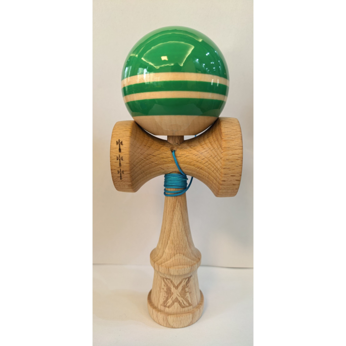 Kendama X Rainbow Originala, Profesionala, Flippy, Big Cups V2, Super Sticky cu Cupe Mari, Rulment Metalic, din lemn 18 cm, Ata 55 cm, Verde/Maro [1]