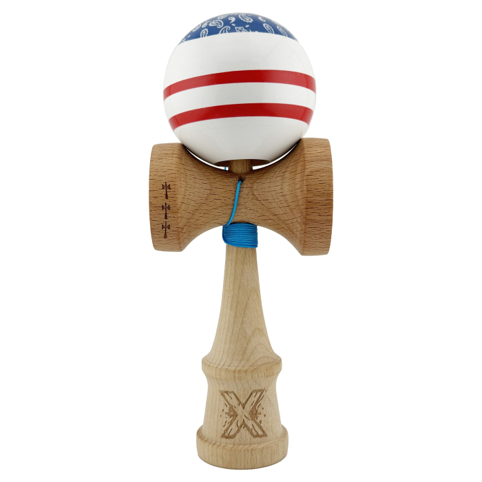 Kendama X CHICANOS Originala, Profesionala, Flippy, Big Cups V2, Super Sticky cu Cupe Mari, Rulment Metalic, din lemn 18 cm, Ata 55 cm, Albastru/Alb [1]
