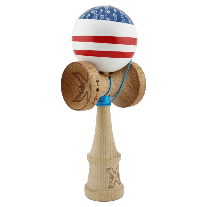 Kendama X CHICANOS Originala, Profesionala, Flippy, Big Cups V2, Super Sticky cu Cupe Mari, Rulment Metalic, din lemn 18 cm, Ata 55 cm, Albastru/Alb [2]