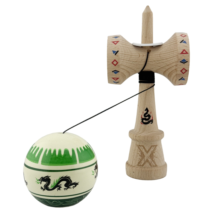 Kendama X Dragon Series Originala, Profesionala, Flippy, Super Sticky cu Cupe Mari V3, King Size Cups, Rulment Metalic si Gaura in Baza, din Lemn 18 cm, Ata 55 cm, Verde [2]