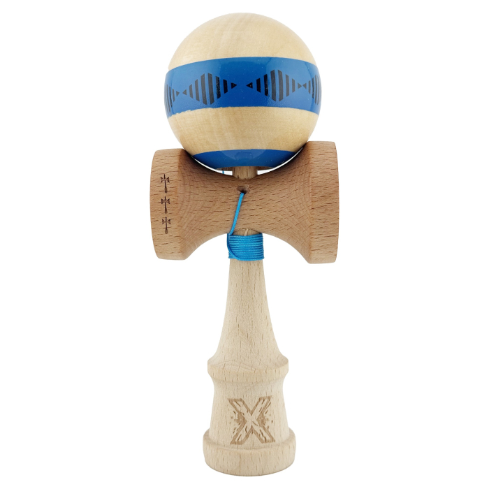 Kendama X FREQUENCY Originala, Profesionala, Flippy, Big Cups V2, Super Sticky cu Cupe Mari, Rulment Metalic, din lemn 18 cm, Ata 55 cm, Albastru/Maro [1]