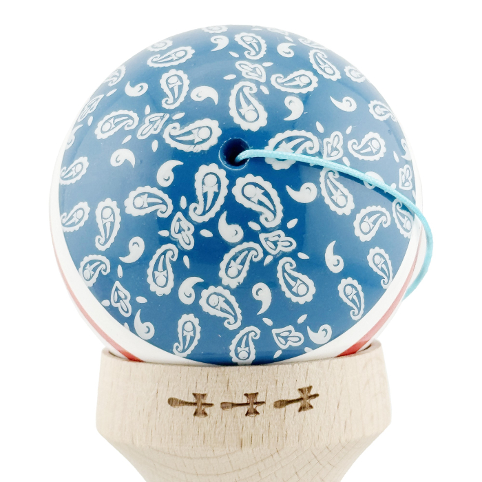 Kendama X Originala CHICANOS, Profesionala, Flippy, Cupe Mari KING SIZE V3, Super Sticky, Gaura in Baza, Rulment Metalic, din lemn 18 cm, Ata 55 cm, Albastru/Alb [9]