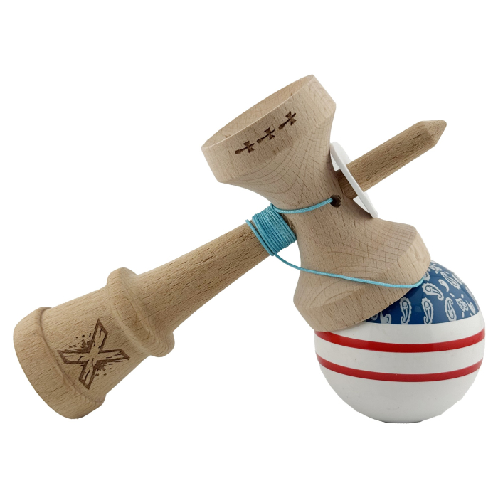 Kendama X Originala CHICANOS, Profesionala, Flippy, Cupe Mari KING SIZE V3, Super Sticky, Gaura in Baza, Rulment Metalic, din lemn 18 cm, Ata 55 cm, Albastru/Alb [5]