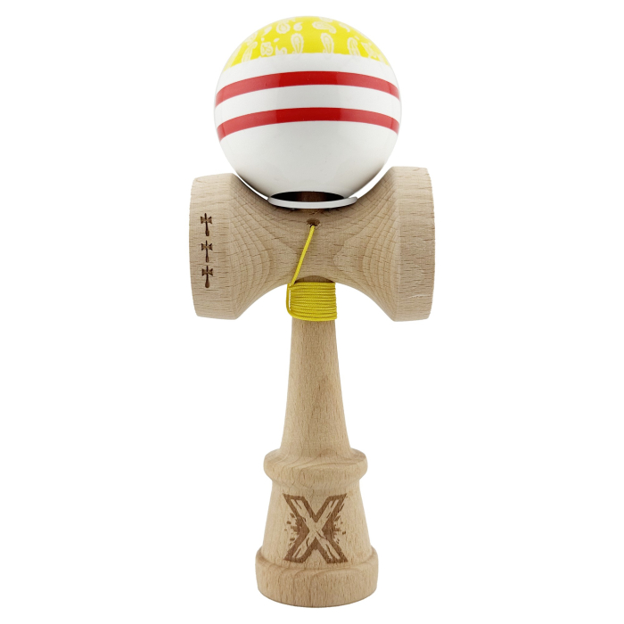 Kendama X Originala CHICANOS, Profesionala, Flippy, Cupe Mari KING SIZE V3, Super Sticky, Gaura in Baza, Rulment Metalic, din lemn 18 cm, Ata 55 cm, Galben/Alb [2]