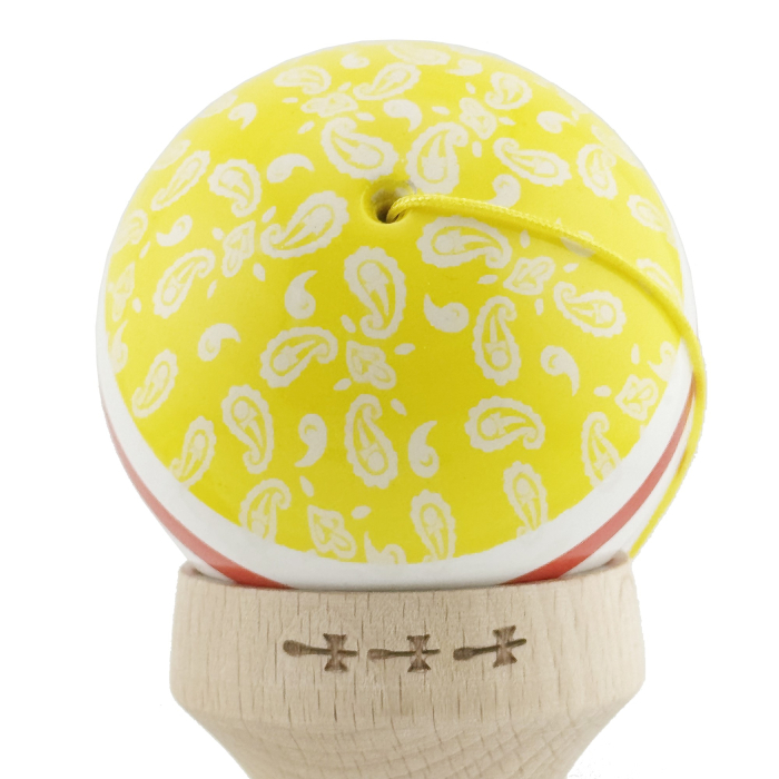 Kendama X Originala CHICANOS, Profesionala, Flippy, Cupe Mari KING SIZE V3, Super Sticky, Gaura in Baza, Rulment Metalic, din lemn 18 cm, Ata 55 cm, Galben/Alb [9]