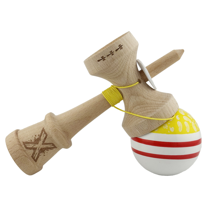 Kendama X Originala CHICANOS, Profesionala, Flippy, Cupe Mari KING SIZE V3, Super Sticky, Gaura in Baza, Rulment Metalic, din lemn 18 cm, Ata 55 cm, Galben/Alb [5]