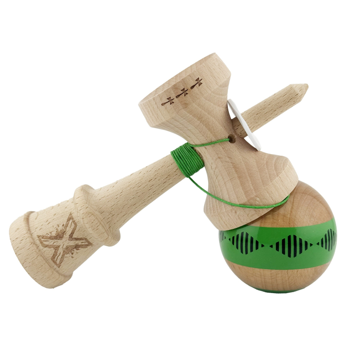 Kendama X Originala FREQUENCY, Profesionala, Flippy, Cupe Mari KING SIZE V3, Super Sticky, Gaura in Baza, Rulment Metalic, din lemn 18 cm, Ata 55 cm, Verde/Maro [4]
