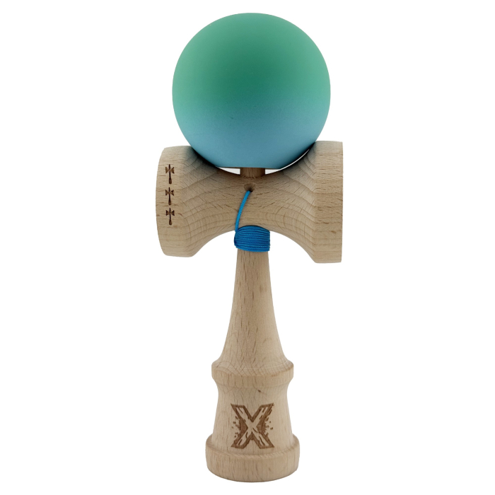 Kendama X Originala, Profesionala, Flippy, Big Cups V2, Rubber Grip cu Cupe Mari, Rulment Metalic cu Ata 55 cm, Verde/Albastru [1]