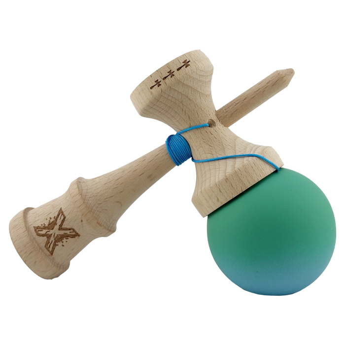 Kendama X Originala, Profesionala, Flippy, Big Cups V2, Rubber Grip cu Cupe Mari, Rulment Metalic cu Ata 55 cm, Verde/Albastru [4]