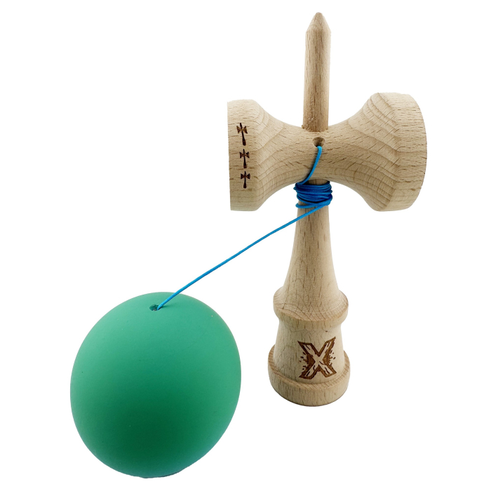 Kendama X Originala, Profesionala, Flippy, Big Cups V2, Rubber Grip cu Cupe Mari, Rulment Metalic cu Ata 55 cm, Verde/Albastru [3]
