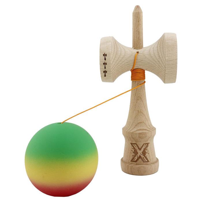 Kendama X Originala, Profesionala, Flippy, Big Cups V2, Rubber Grip cu Cupe Mari, Rulment Metalic cu Ata 55 cm, Verde/Galben/Rosu [3]