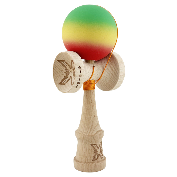 Kendama X Originala, Profesionala, Flippy, Big Cups V2, Rubber Grip cu Cupe Mari, Rulment Metalic cu Ata 55 cm, Verde/Galben/Rosu [2]
