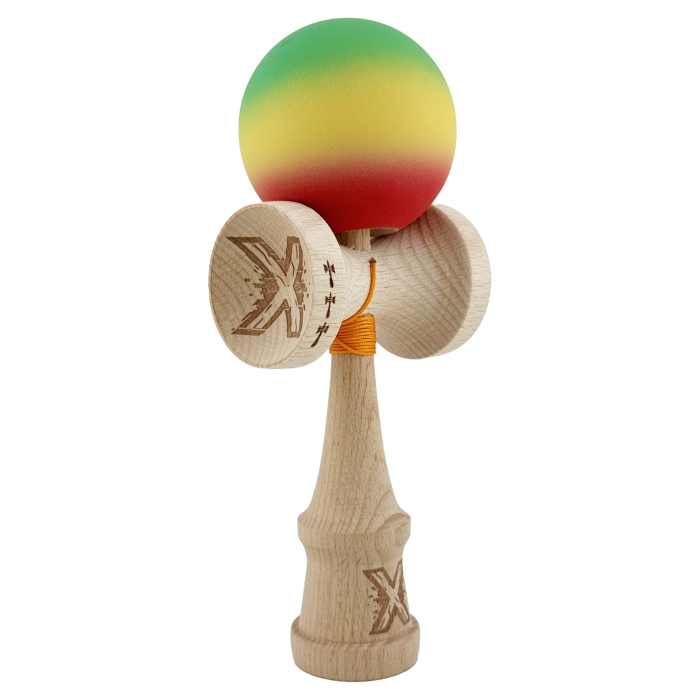 Kendama X Originala, Profesionala, Flippy, Big Cups V2, Rubber Grip cu Cupe Mari, Rulment Metalic cu Ata 55 cm, Verde/Galben/Rosu [10]