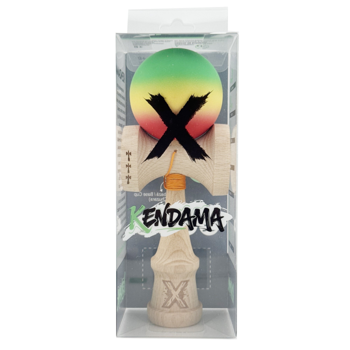 Kendama X Originala, Profesionala, Flippy, Big Cups V2, Rubber Grip cu Cupe Mari, Rulment Metalic cu Ata 55 cm, Verde/Galben/Rosu [5]