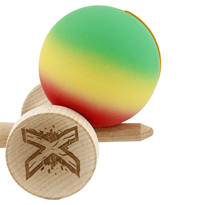 Kendama X Originala, Profesionala, Flippy, Big Cups V2, Rubber Grip cu Cupe Mari, Rulment Metalic cu Ata 55 cm, Verde/Galben/Rosu [8]