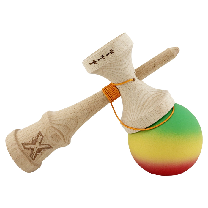 Kendama X Originala, Profesionala, Flippy, Big Cups V2, Rubber Grip cu Cupe Mari, Rulment Metalic cu Ata 55 cm, Verde/Galben/Rosu [4]