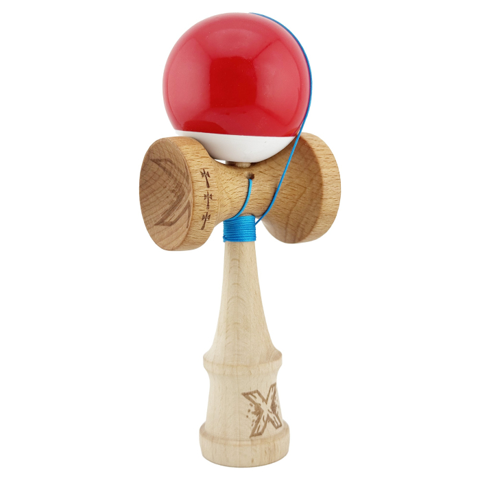 Kendama X Originala, Profesionala, Flippy, Big Cups V2, Super Sticky cu Cupe Mari, din lemn 18 cm, Rulment Metalic cu Ata 55 cm, Rosu/Alb [2]
