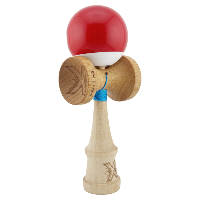 Kendama X Originala, Profesionala, Flippy, Big Cups V2, Super Sticky cu Cupe Mari, din lemn 18 cm, Rulment Metalic cu Ata 55 cm, Rosu/Alb [10]