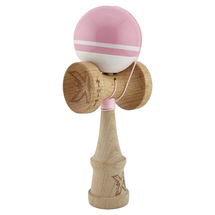Kendama X Originala, Profesionala, Flippy, Big Cups V2, Super Sticky cu Cupe Mari, din lemn 18 cm, Rulment Metalic cu Ata 55 cm, Roz/Alb [2]