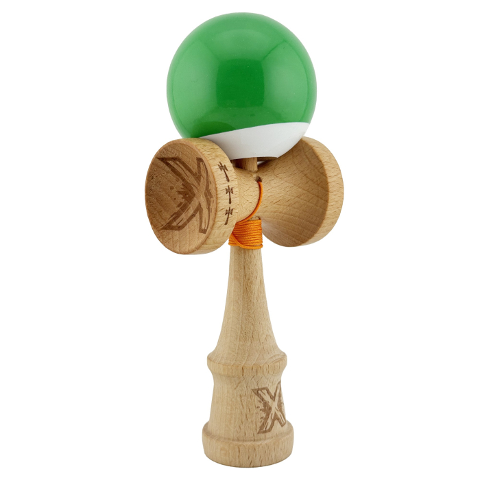 Kendama X Originala, Profesionala, Flippy, Big Cups V2, Super Sticky cu Cupe Mari, din lemn 18 cm, Rulment Metalic cu Ata 55 cm, Verde/Alb [10]