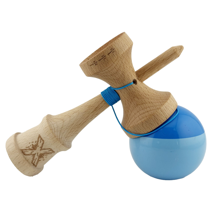 Kendama X Originala, Profesionala, Flippy, Big Cups V2, Super Sticky cu Cupe Mari, Rulment Metalic, din lemn 18 cm, Ata 55 cm, Albastru/Bleu [4]