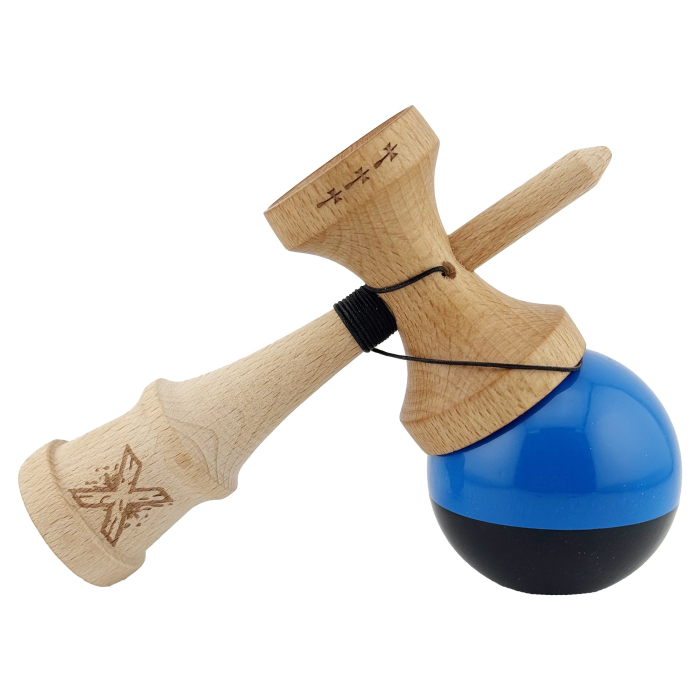 Kendama X Originala, Profesionala, Flippy, Big Cups V2, Super Sticky cu Cupe Mari, Rulment Metalic, din lemn 18 cm, Ata 55 cm, Albastru/Negru [4]