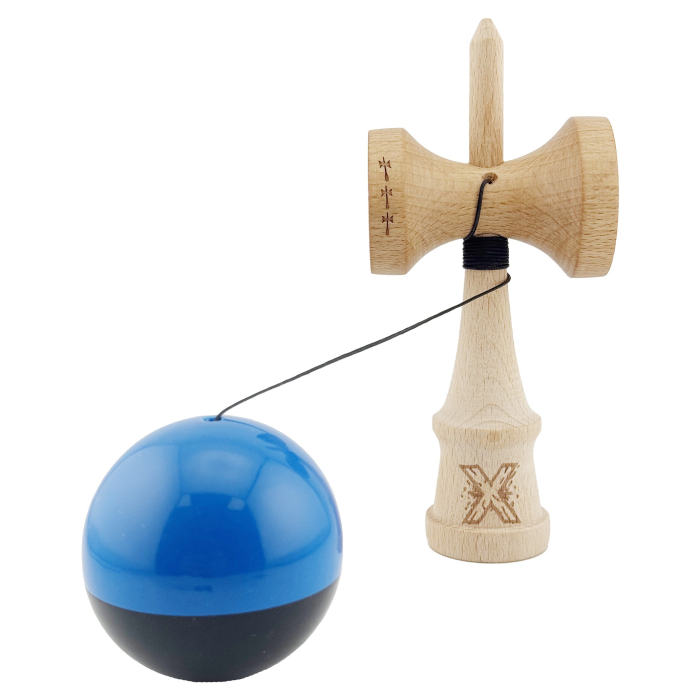Kendama X Originala, Profesionala, Flippy, Big Cups V2, Super Sticky cu Cupe Mari, Rulment Metalic, din lemn 18 cm, Ata 55 cm, Albastru/Negru [3]
