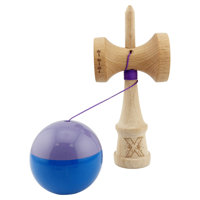 Kendama X Originala, Profesionala, Flippy, Big Cups V2, Super Sticky cu Cupe Mari, Rulment Metalic, din lemn 18 cm, Ata 55 cm, Mov/Albastru [3]