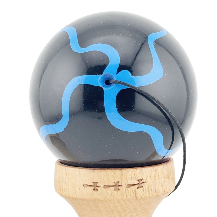 Kendama X Originala, Profesionala, Flippy, Big Cups V2, Super Sticky cu Cupe Mari, Rulment Metalic, din lemn 18 cm, Ata 55 cm, Negru/Mov [9]